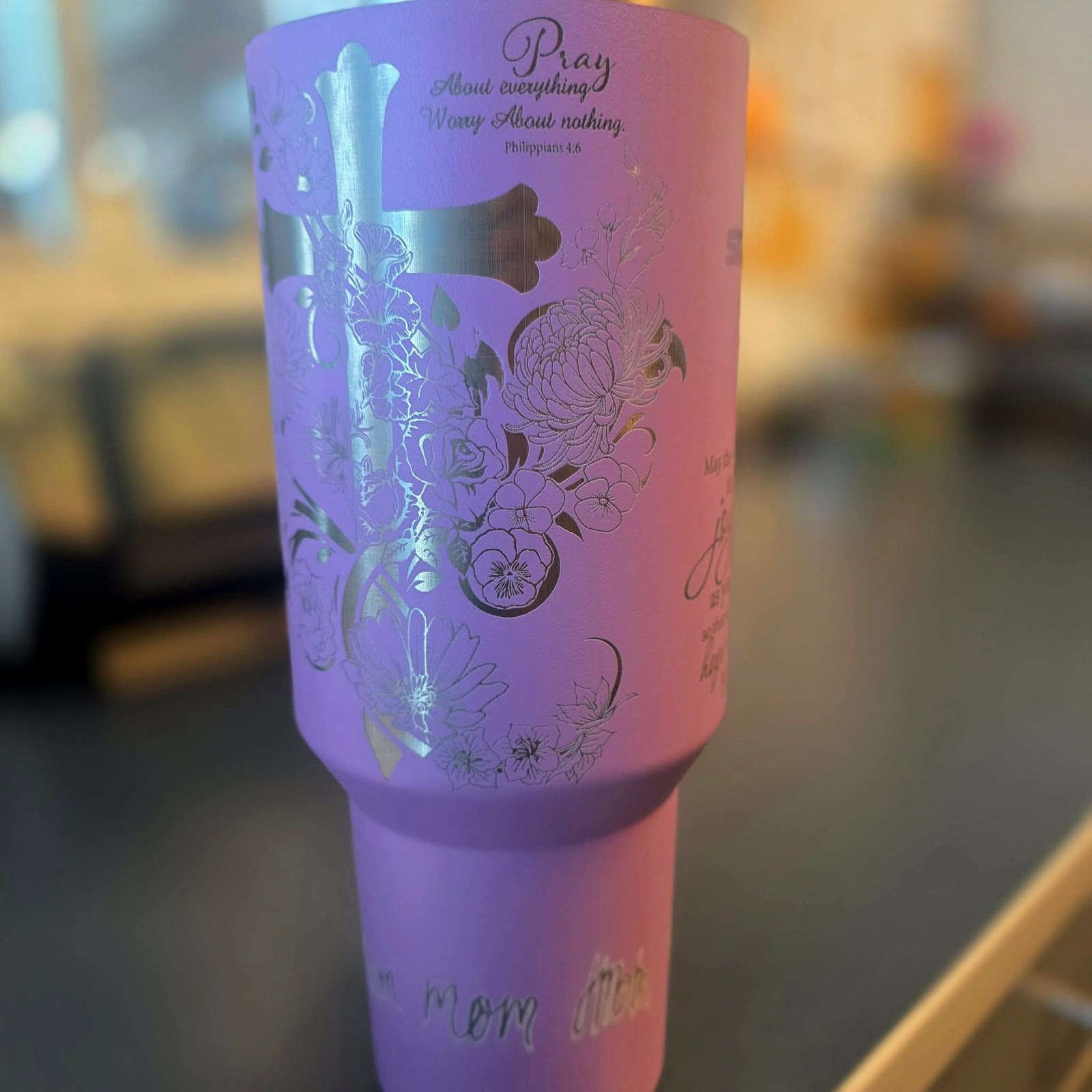 Laser engraved purple tumbler with prayer design